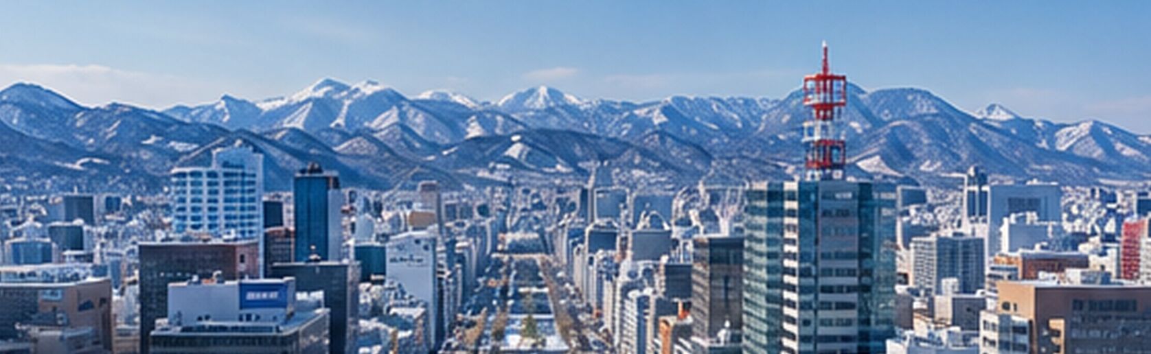 Sapporo city at dusk with snow-covered mountains behind it