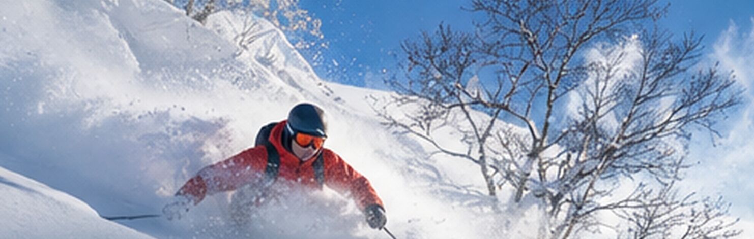 Skier riding deep powder snow in Hokkaido