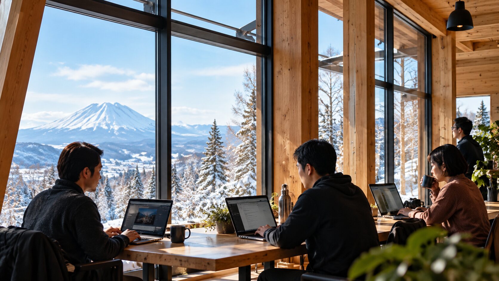 Remote workers at laptops in a timber Hokkaido workspace with snow mountains through the windows